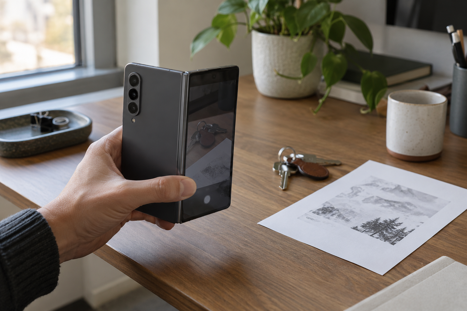 Illustrative generic foldable phone aimed at keys and a printed sheet for a camera task check