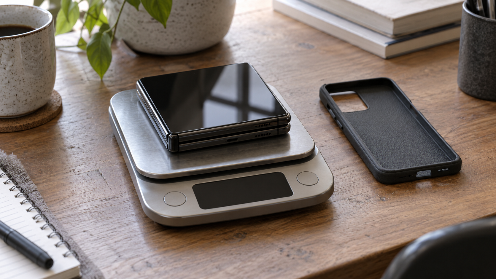 AI-generated illustration of a generic folded phone on a scale beside a case; not a product measurement
