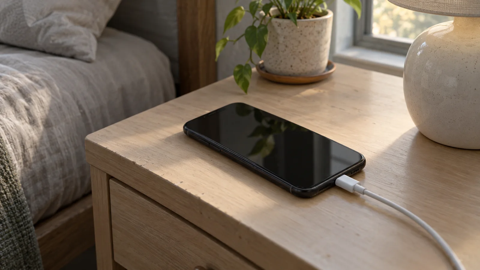 Dark-screen phone on a bedside table with a white cable plugged into its bottom port
