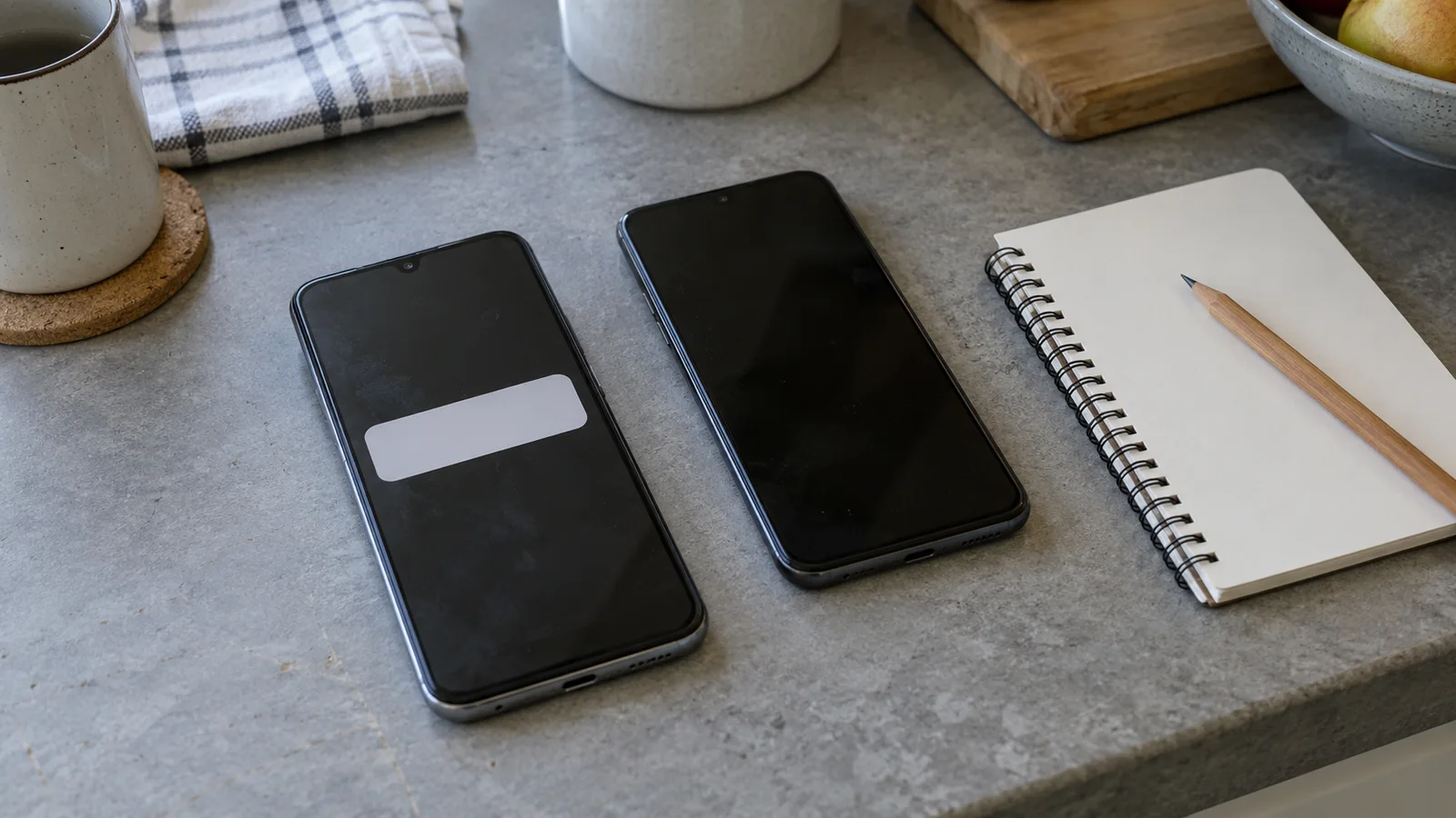 Two phones on a grey table, one displaying a blank notification card, beside an open blank notebook and pencil