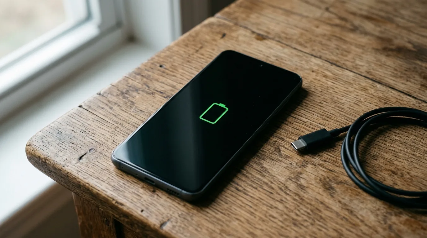 A dark phone showing a green battery symbol with a disconnected cable beside it on a wooden desk