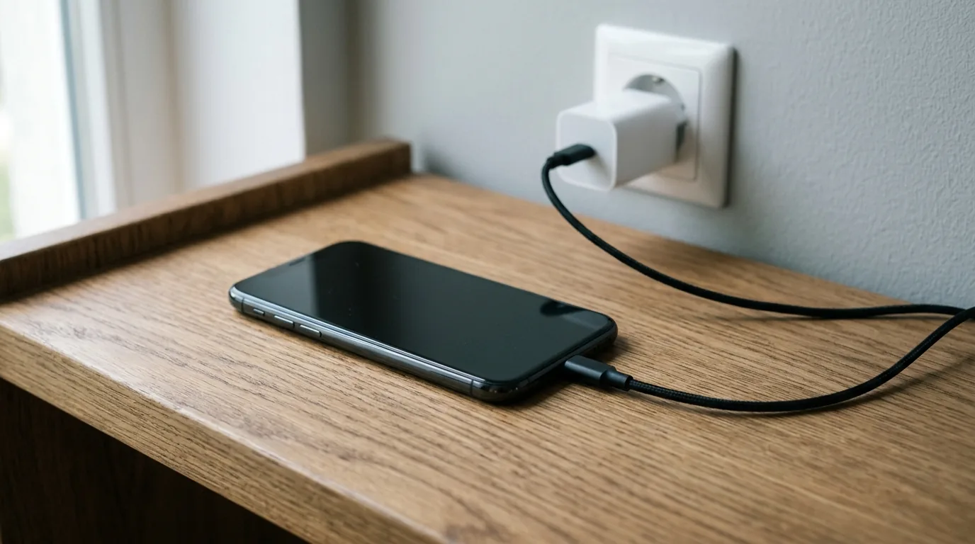 A dark-screen phone connected to a cable on a wooden desk near a plain wall charger