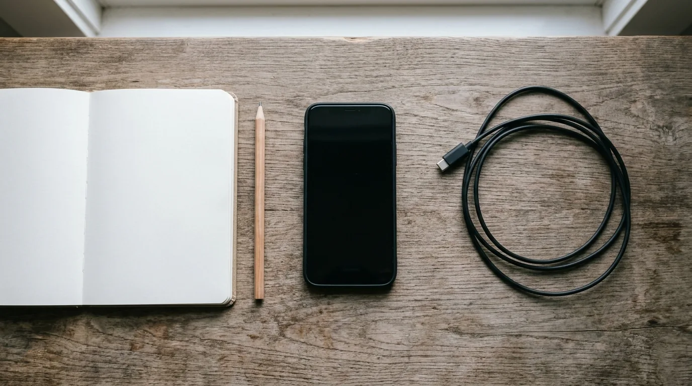 A dark-screen phone beside an open blank notebook, a pencil, and a loose charging cable