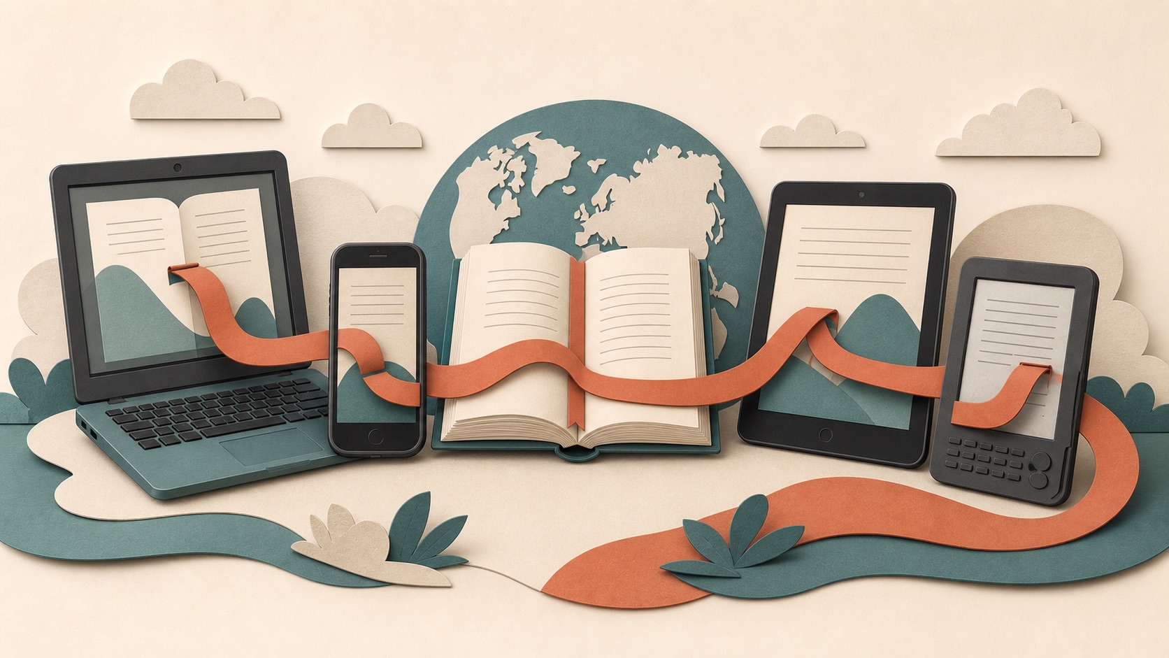 An ebook library continuing across a phone, tablet, laptop and e-reader