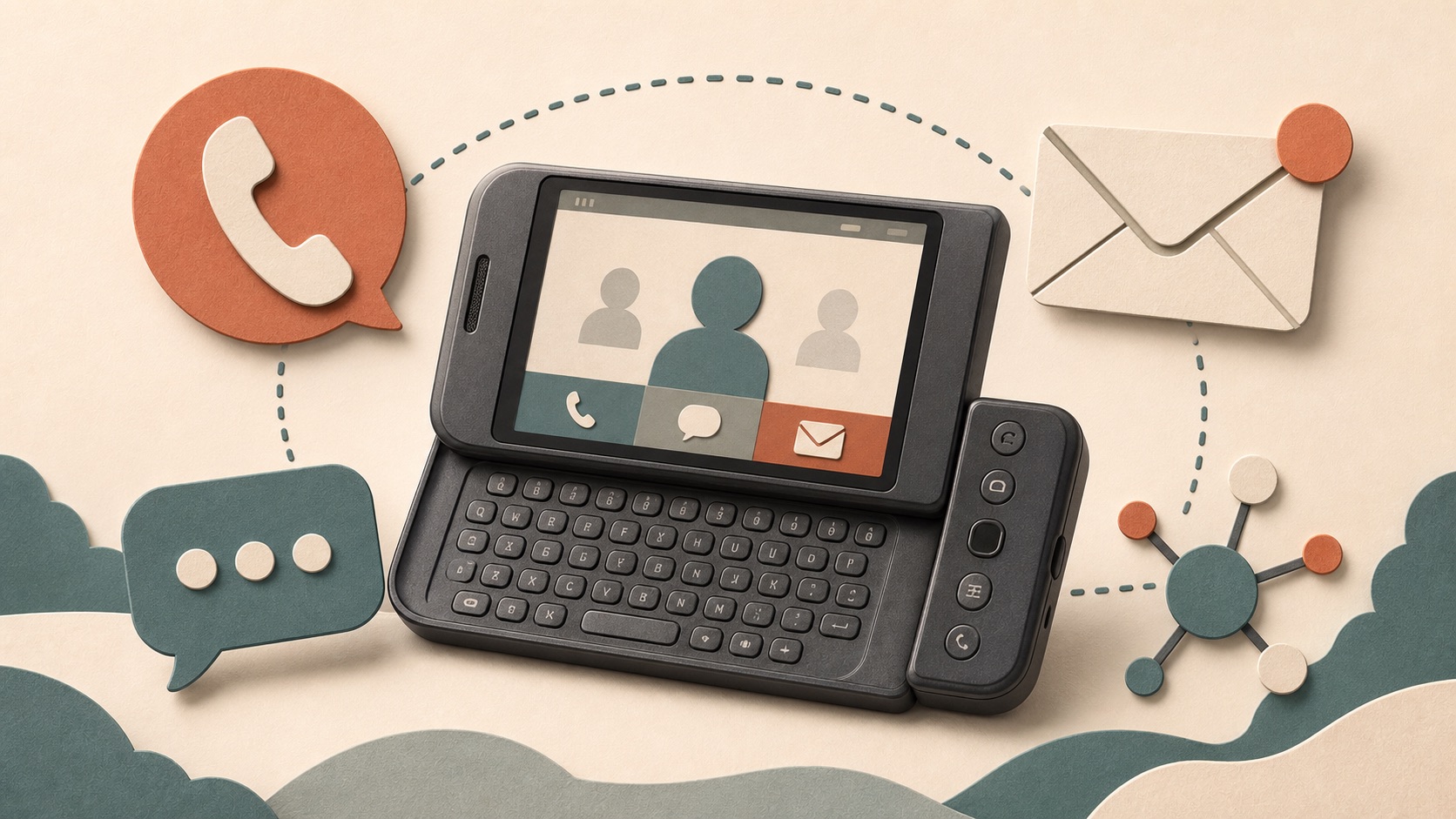 An early keyboard Android phone beside communications software diagrams