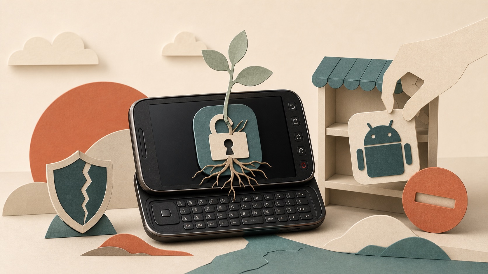An early keyboard Android phone with software and network diagrams