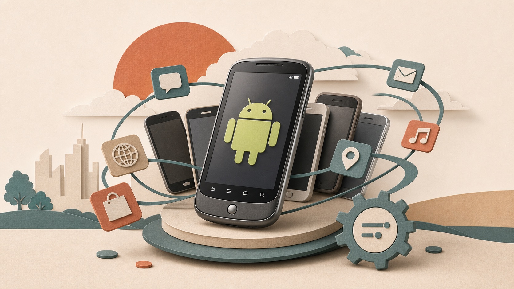 An early Android phone surrounded by application and network diagrams