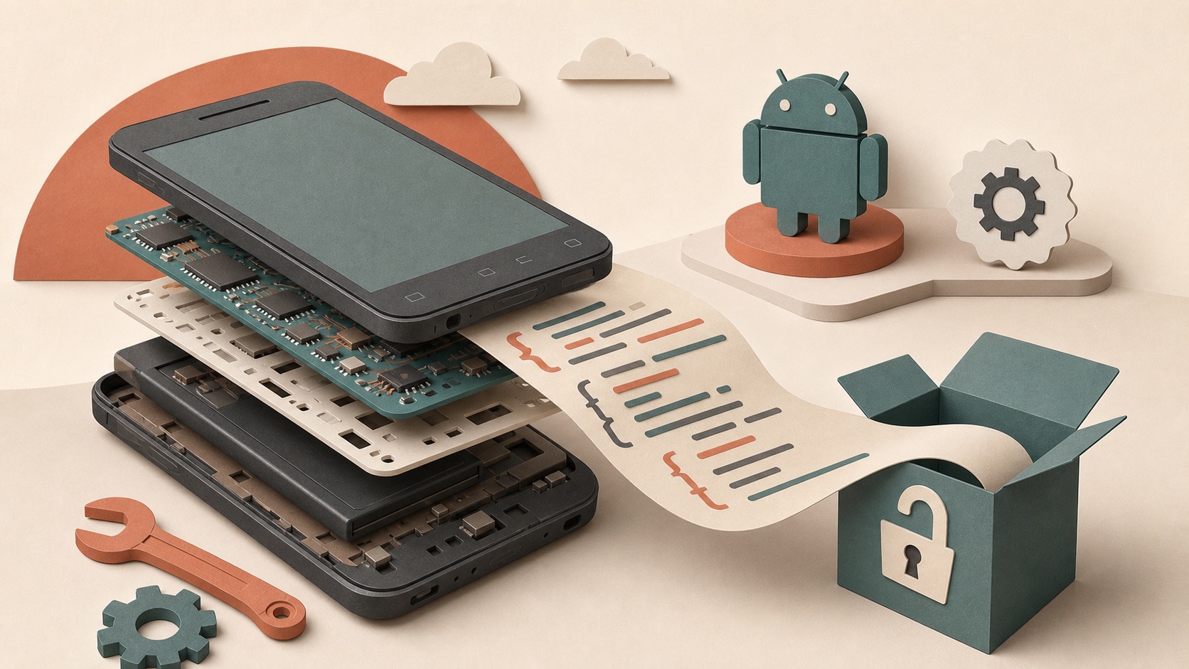 An early Android phone beside open software and network development diagrams