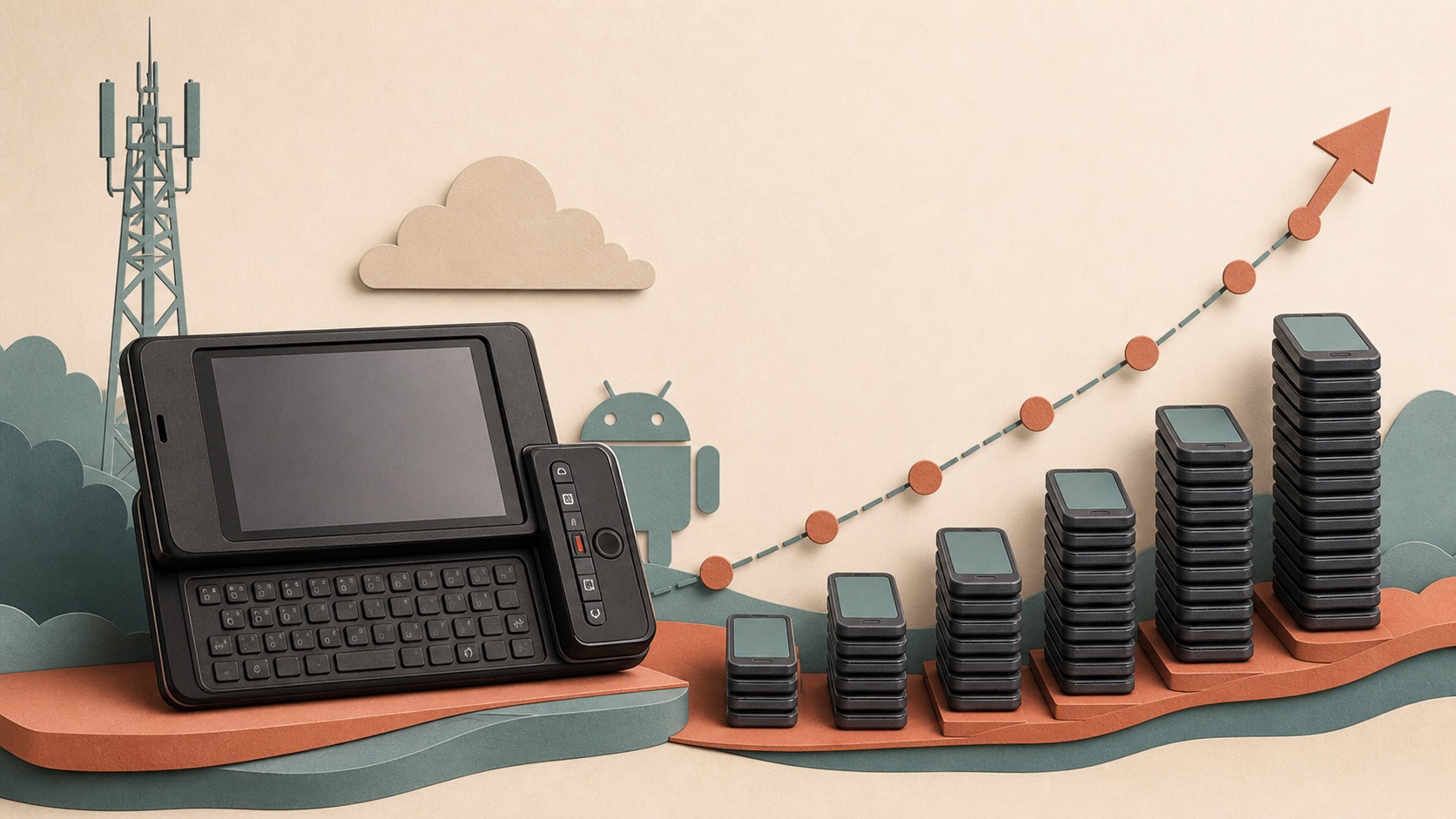An early keyboard Android phone with charts suggesting growing adoption