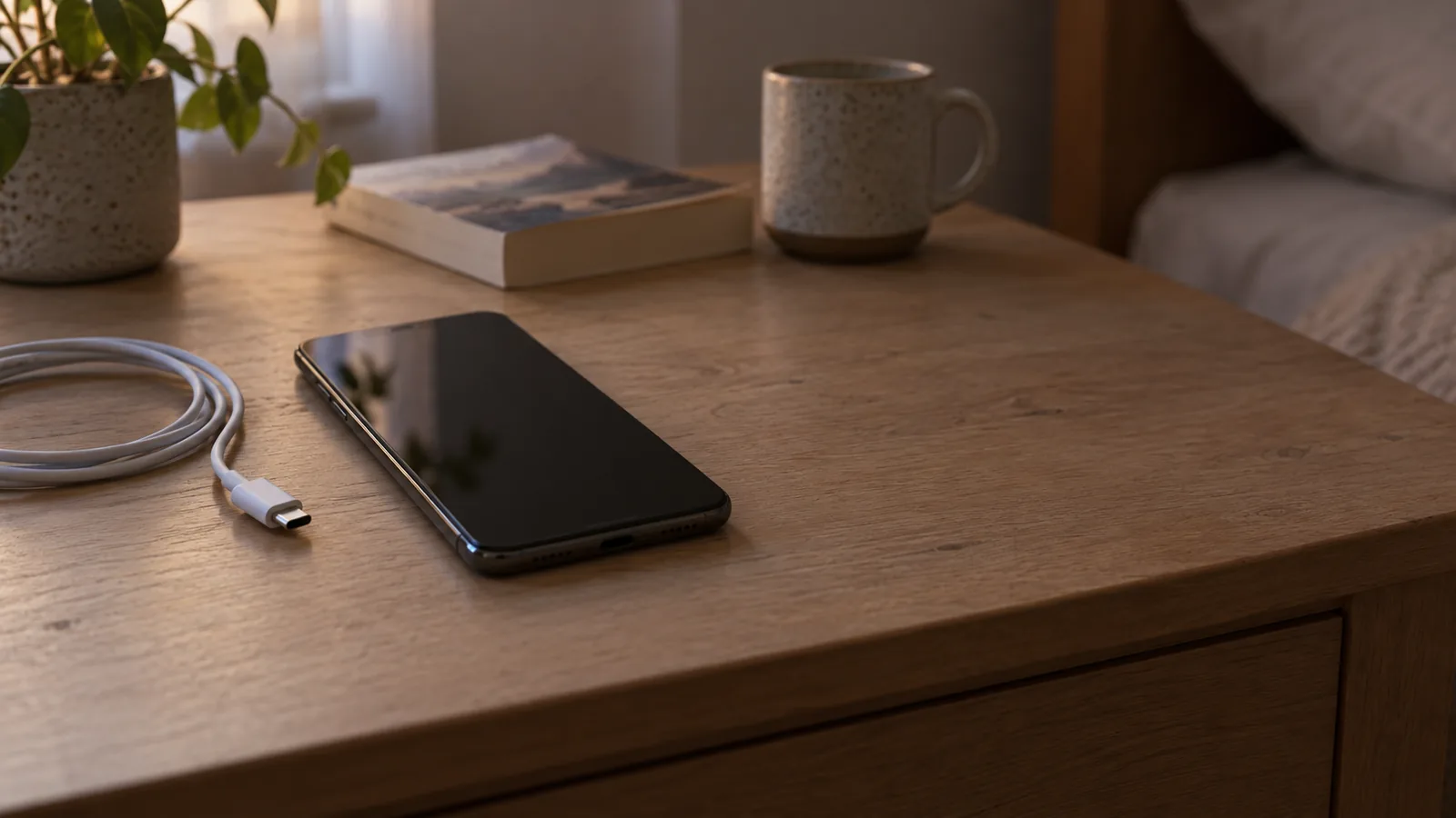 Unbranded phone lying face up on a bedside table with its screen off and the charging cable unplugged beside it