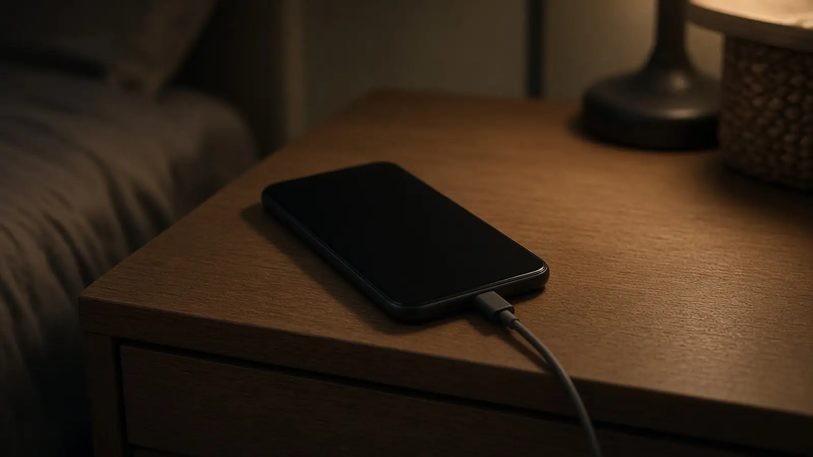A dark phone with a dark screen on a wooden nightstand, a cable plugged into the phone, and a lamp in the background
