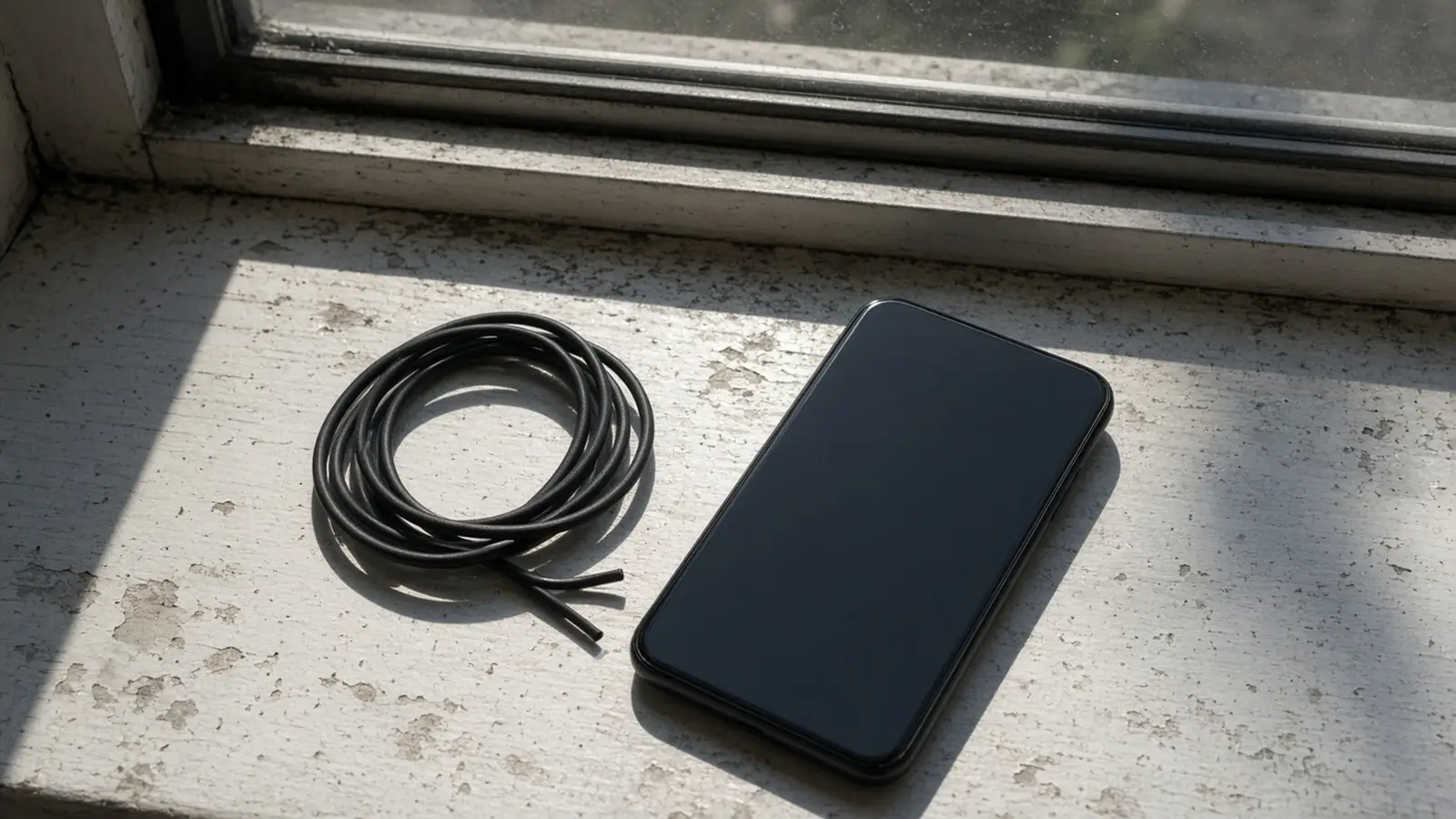 A dark phone with a dark screen on a sunlit chipped windowsill, next to a coiled black cable that is not plugged in