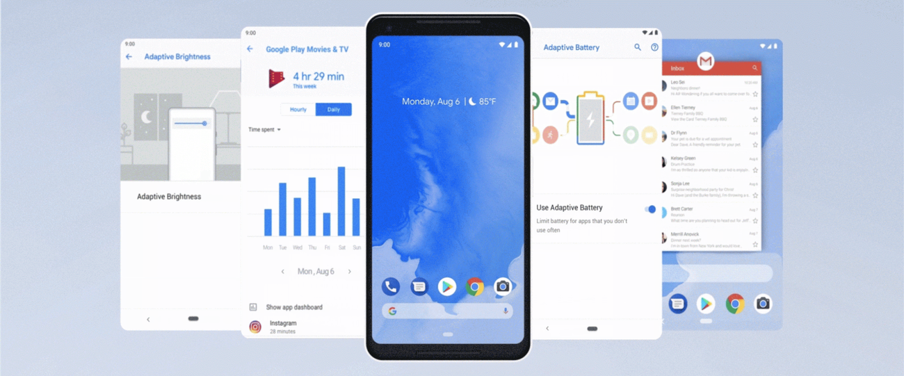 Android 9 Pie phone surrounded by Adaptive Brightness, Digital Wellbeing and Adaptive Battery screens