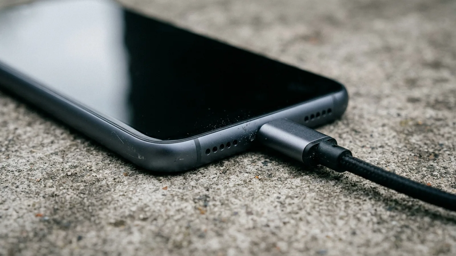 Close-up of a dark Android smartphone bottom edge with a black USB-C charging cable plugged into the port on a dark slate surface