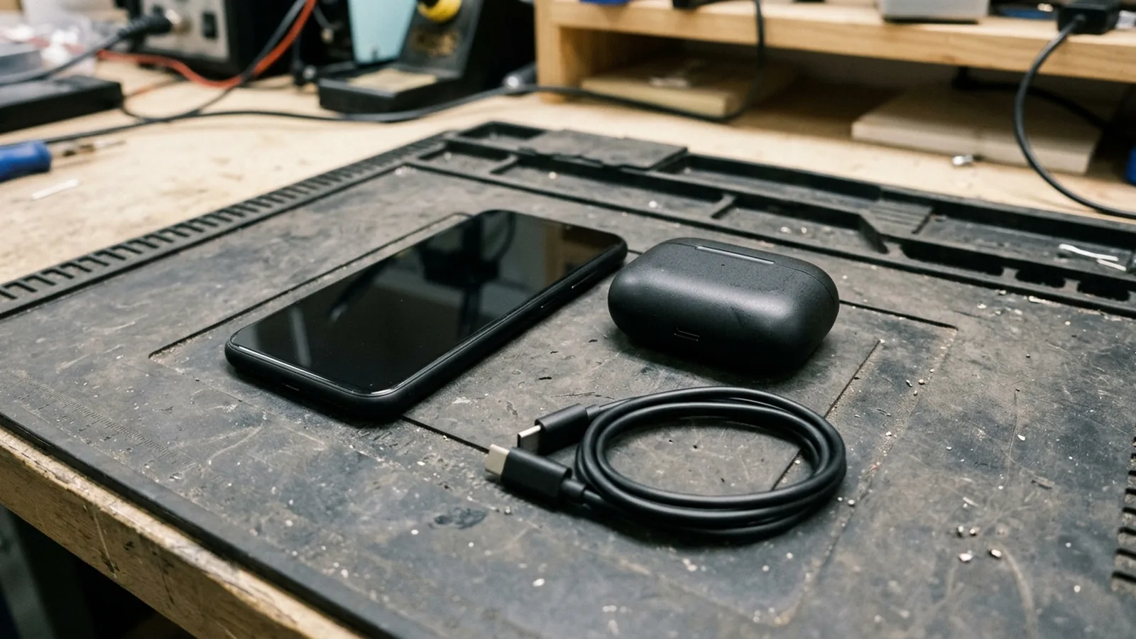 Matte-black Android phone with its screen off beside a closed wireless earbud charging case and a coiled black USB-C cable on a dark grey rubber repair mat