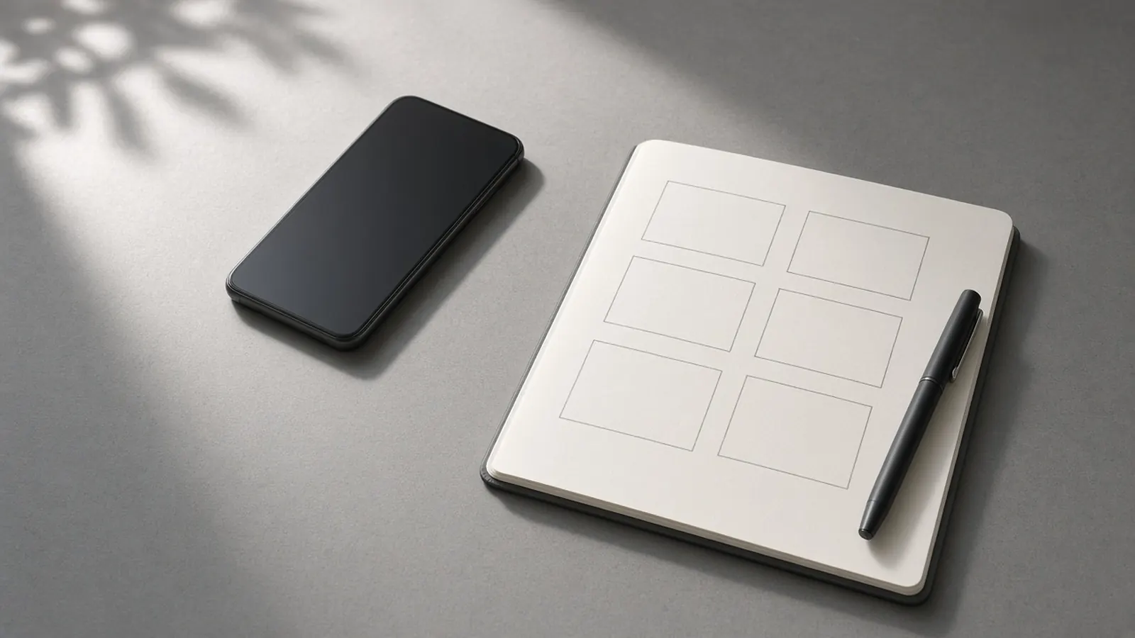 One unbranded phone beside a notebook of empty boxes and a pen, a blank comparison rather than sample results.