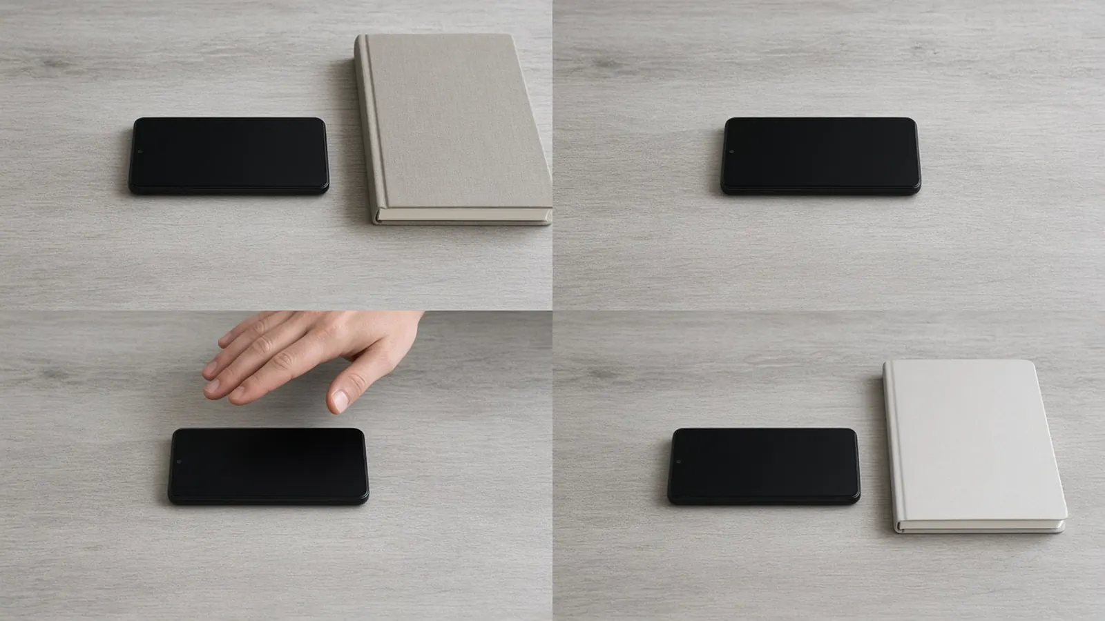 Four desk scenes with one unbranded phone: beside a book, alone, under a hand, and beside a notebook.