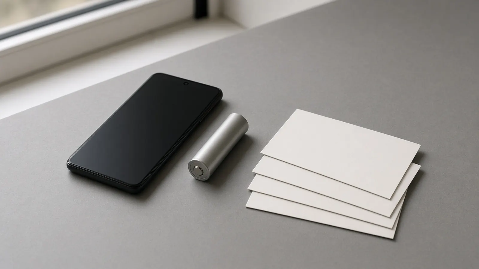 An unbranded phone, a plain battery cell, and a stack of blank cards for the layers of a refresh-rate policy.