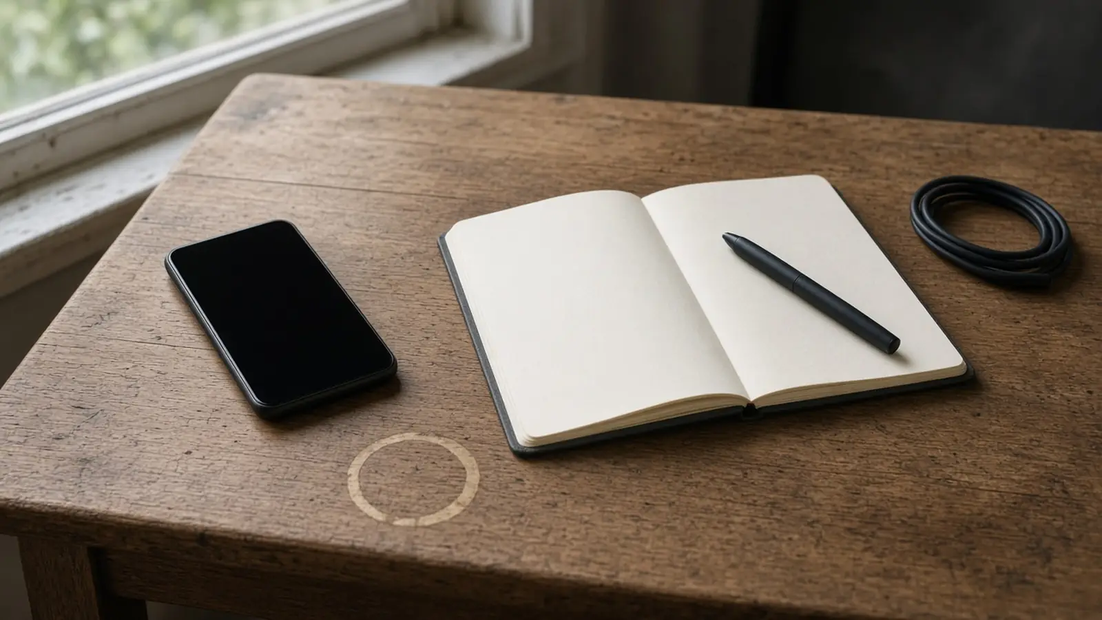 An unbranded phone with a dark screen beside an open notebook with blank pages and a pen, on a wooden desk
