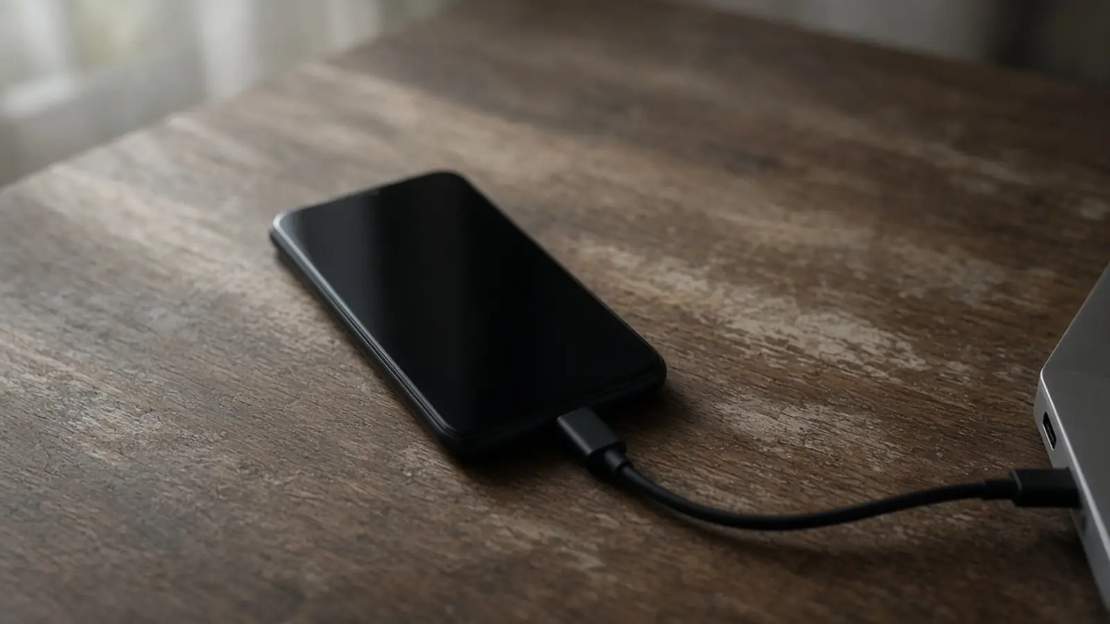 A dark unbranded phone on a wooden desk, connected by a plain cable to the edge of a laptop