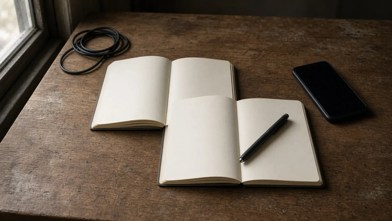 Two open notebooks with blank pages, a dark unbranded phone, and a coiled cable on a wooden desk